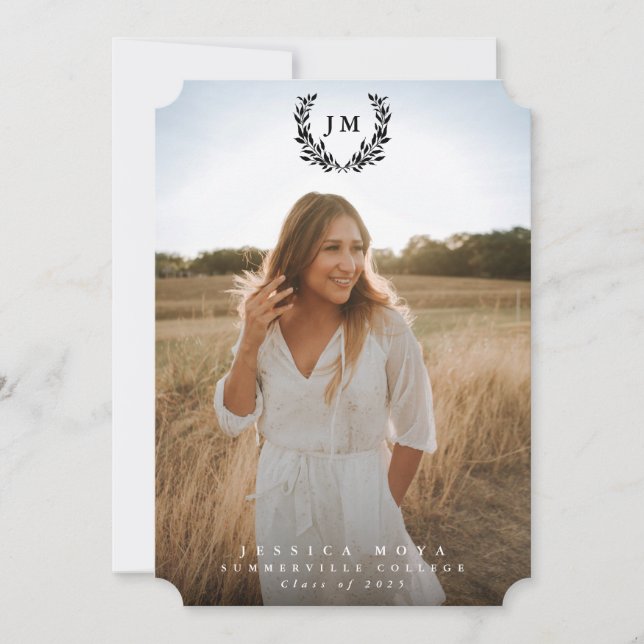 Classic Monogram/Laurel Wreath 2 Photo Graduation Announcement (Front)