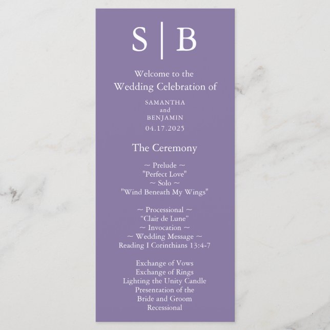 Classic Monogram Lavender Wedding Program (Front)