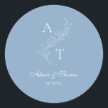 Classic Monogram Leaf Wedding Dusty Blue Envelope Classic Round Sticker<br><div class="desc">Elegant dusty blue leaf monogram wedding classic envelope seal sticker.</div>