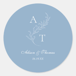 Classic Monogram Leaf Wedding Dusty Blue Envelope Classic Round Sticker
