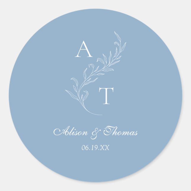 Classic Monogram Leaf Wedding Dusty Blue Envelope Round Sticker (Front)