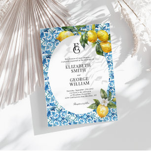 Classic Monogram Lemon Blue Mediterranean Wedding Invitation