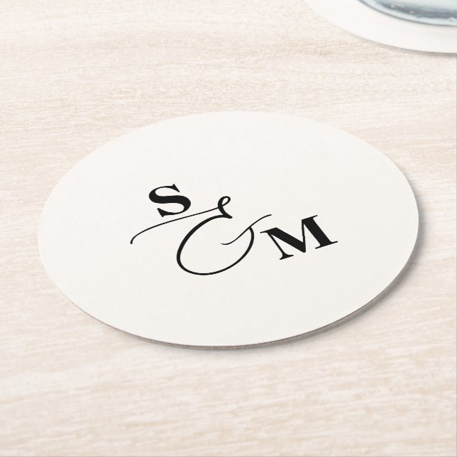 Classic Monogram Modern Script Wedding Round Paper Coaster (Angled)