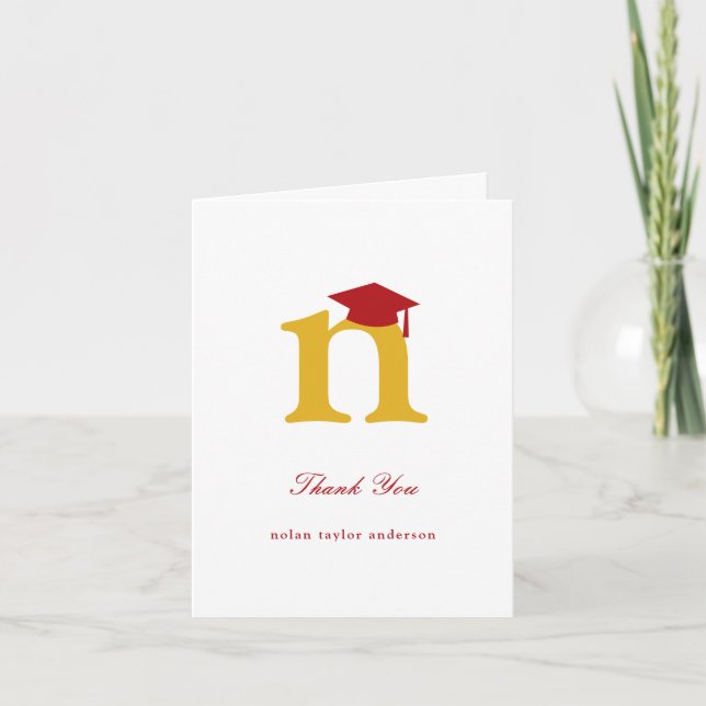 Classic Monogram N Graduation Cap Photo Modern Thank You Card (Front)