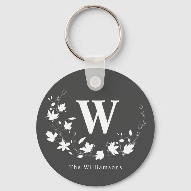 Classic Monogram Name Black White Floral Wreath  Key Ring (Front)