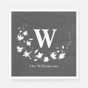Classic Monogram Name Black White Floral Wreath Napkin