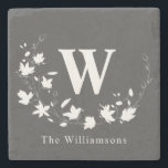 Classic Monogram Name Black White Floral Wreath    Stone Coaster<br><div class="desc">Personalised Classic Monogram Name Black White Floral Wreath Stone Coaster</div>