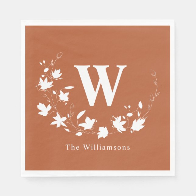 Classic Monogram Name Floral Wreath in Rust Napkin (Front)