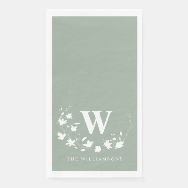 Classic Monogram Name Floral Wreath in Sage Green Napkin (Front)