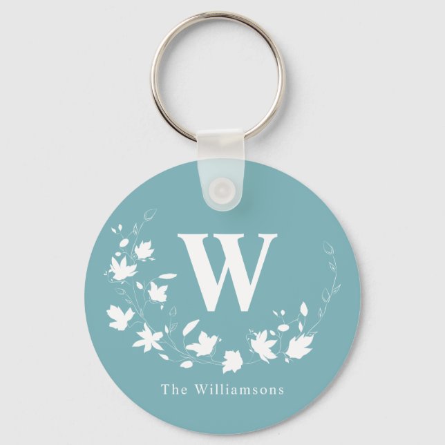 Classic Monogram Name Teal Floral Wreath Custom  Key Ring (Front)