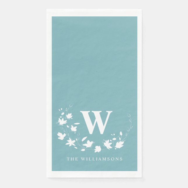 Classic Monogram Name Teal Floral Wreath Custom Napkin (Front)