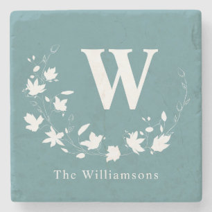Classic Monogram Name Teal Floral Wreath Custom Stone Coaster