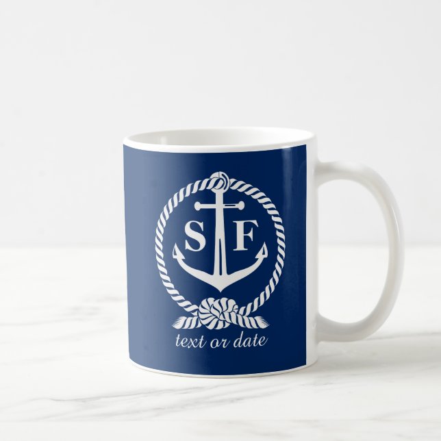 Classic Monogram Nautical Blue Anchor Beach Boat Coffee Mug (Right)