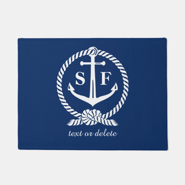 Classic Monogram Nautical Blue Anchor Beach Boat Doormat (Front)