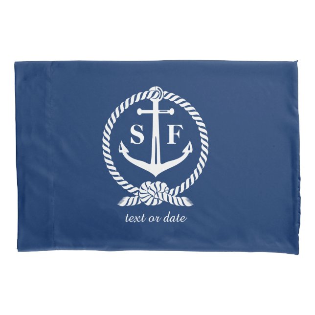Classic Monogram Nautical Blue Anchor Beach Boat Pillowcase (Front)