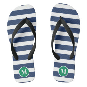 Classic Monogram Navy Blue and Green Stripes Thongs