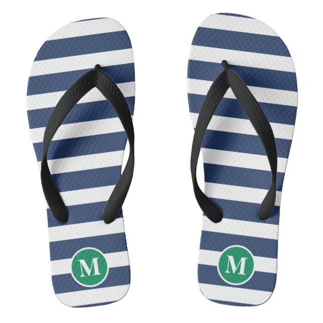 Classic Monogram Navy Blue and Green Stripes Thongs (Footbed)