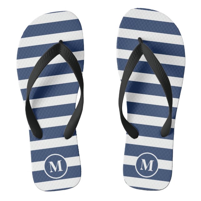 Classic Monogram Navy Blue and White Stripes Flip  Thongs (Footbed)