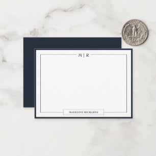 Classic Monogram Navy Blue Border Stationery Card
