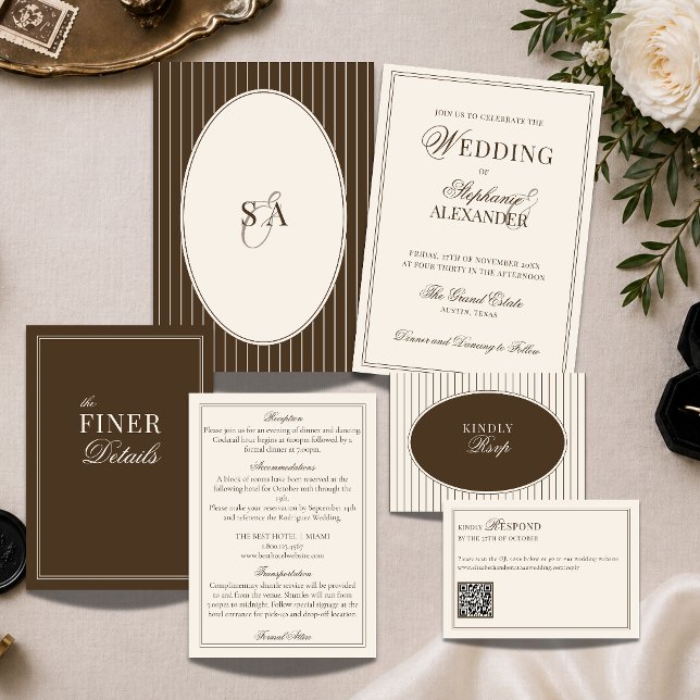 Classic Monogram Old Money Brown & Ivory Wedding Invitation (Creator Uploaded)