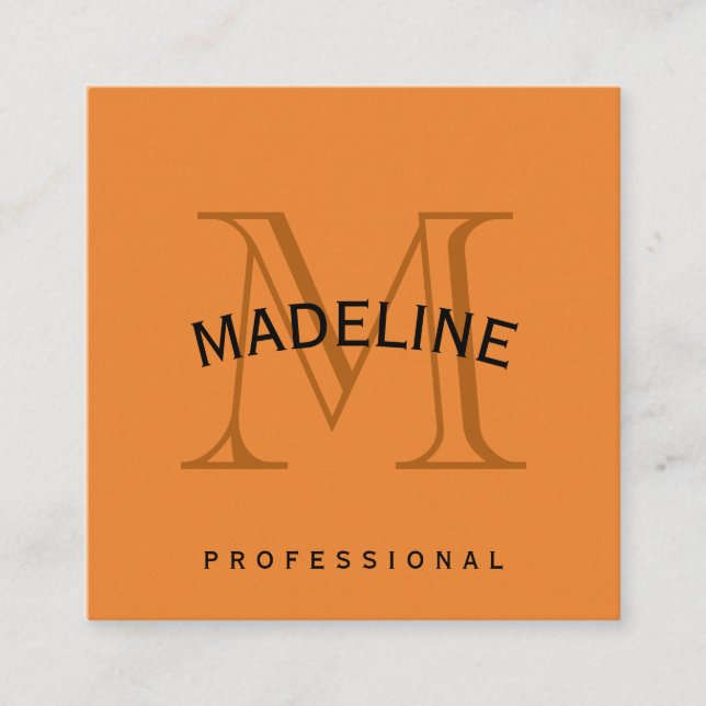 Classic Monogram Orange with Arc Text Square Business Card (Front)