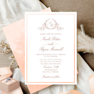 Classic Monogram Peach Watercolor Wedding Invitation