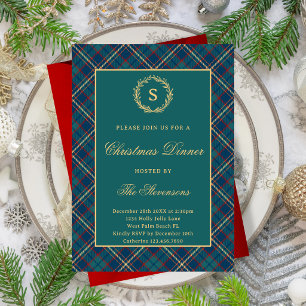 Classic Monogram Plaid Dark Green Christmas Party Invitation