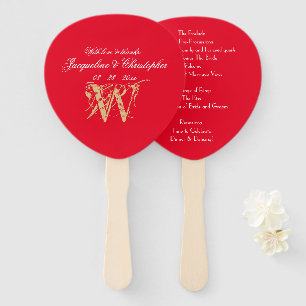 Classic Monogram Red & Gold Chic Wedding Program Hand Fan