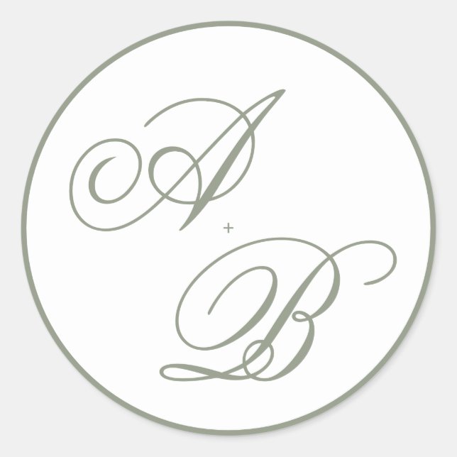 Classic Monogram Sage Green Script Border Wedding Round Sticker (Front)