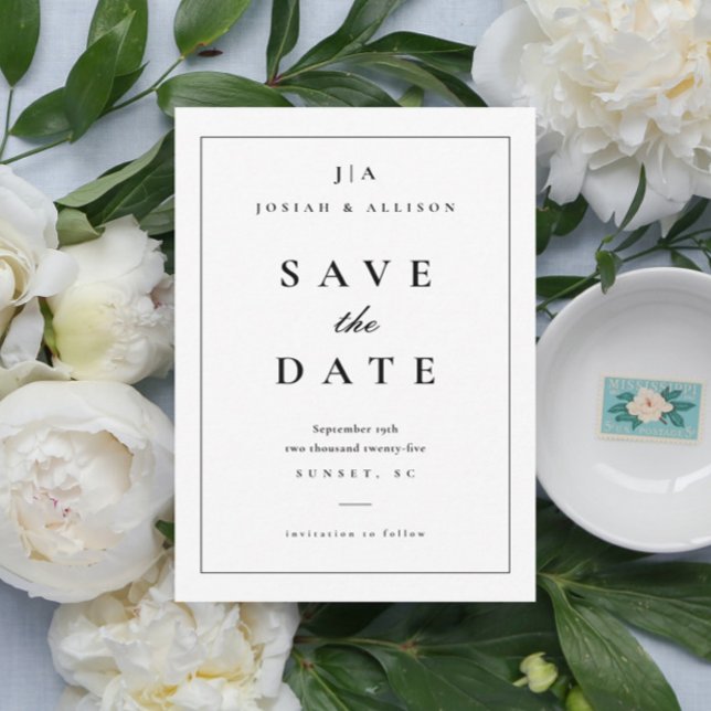 Classic Monogram Save the Date Invitation (Classic black and white elegant wedding monogram save the date announcement card.)
