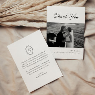 Classic Monogram Script Black White Wedding Photo Thank You Card