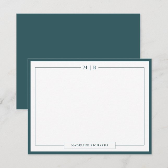 Classic Monogram Smoke Green Border Stationery Card (Front/Back)