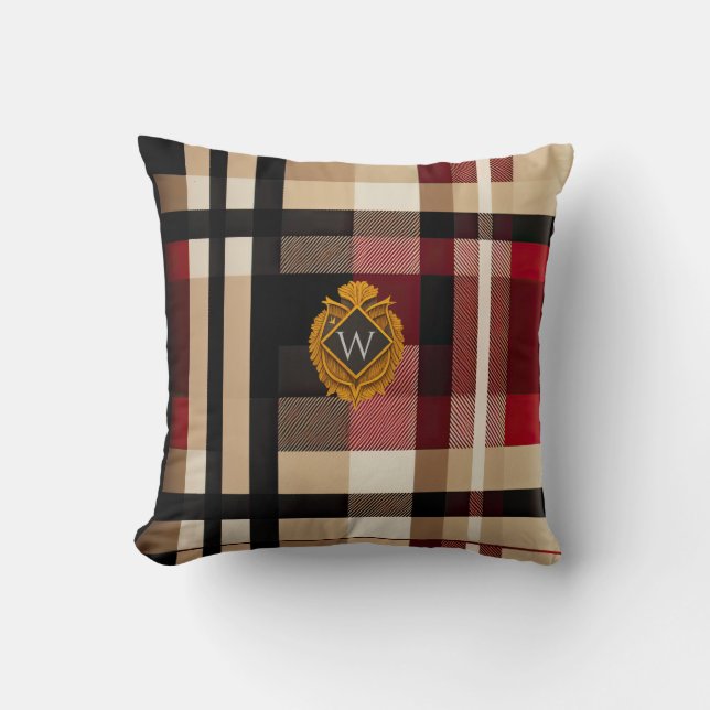 Classic Monogram Stylish Plaid Beige Red & Black  Cushion (Front)