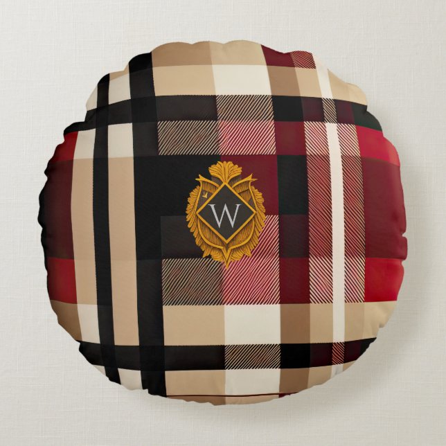 Classic Monogram Stylish Plaid Beige Red & Black Round Cushion (Front)