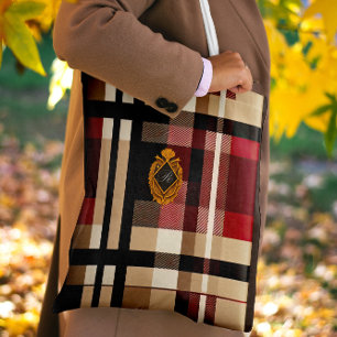 Classic Monogram Stylish Plaid Beige Red & Black Tote Bag