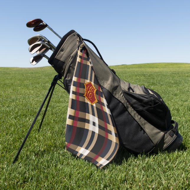 Classic Monogram Stylish Plaid Black Red & Beige Golf Towel (Green)