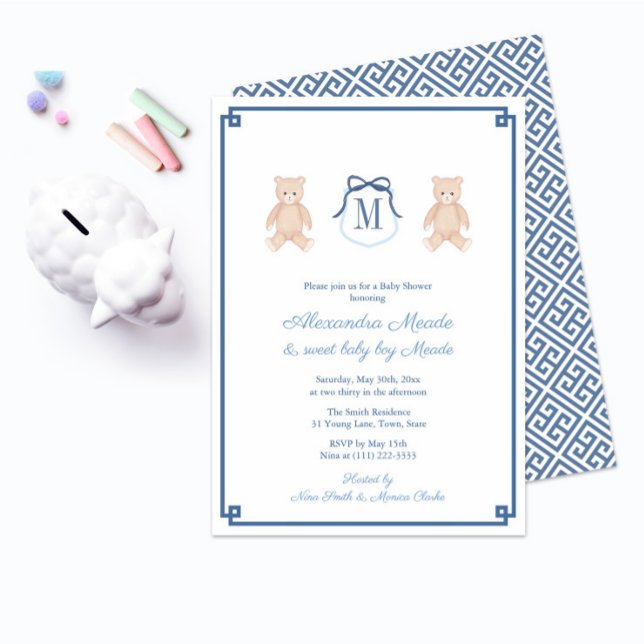 Classic Monogram Teddy Bear Baby Boy Shower Invitation (Preppy blue and white monogram classic teddy bear baby shower invitation)