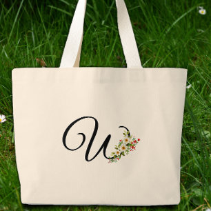 Classic monogram W red white flower mother gift Large Tote Bag