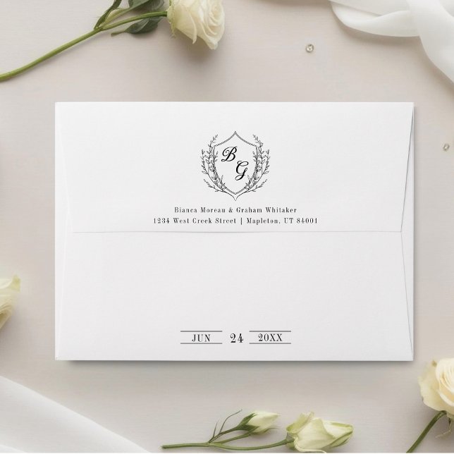 Classic monogram wedding crest black and white envelope (Creator Uploaded)