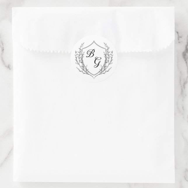 Classic monogram wedding crest black and white round sticker (Bag)