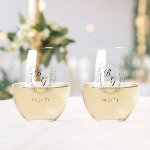 Classic monogram wedding crest newly wed stemless wine glass