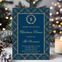 Classic Monogram Wreath Blue Plaid Christmas Party Invitation