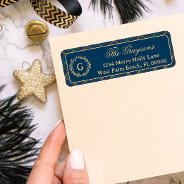 Classic Monogram Wreath Blue Plaid Christmas Return Address Label