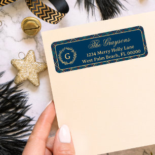 Classic Monogram Wreath Blue Plaid Christmas Return Address Label