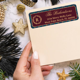 Classic Monogram Wreath Burgundy Plaid Christmas Return Address Label