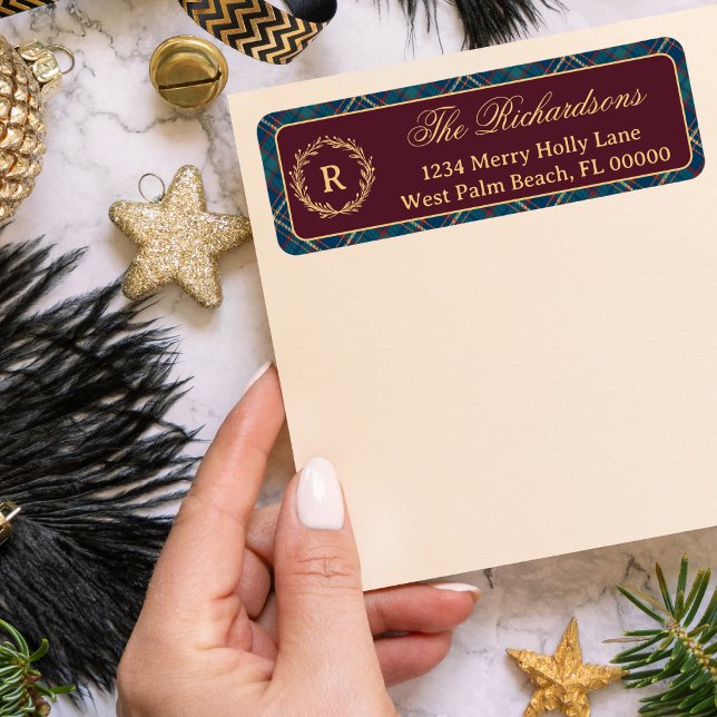 Classic Monogram Wreath Burgundy Plaid Christmas Return Address Label (Creator Uploaded)