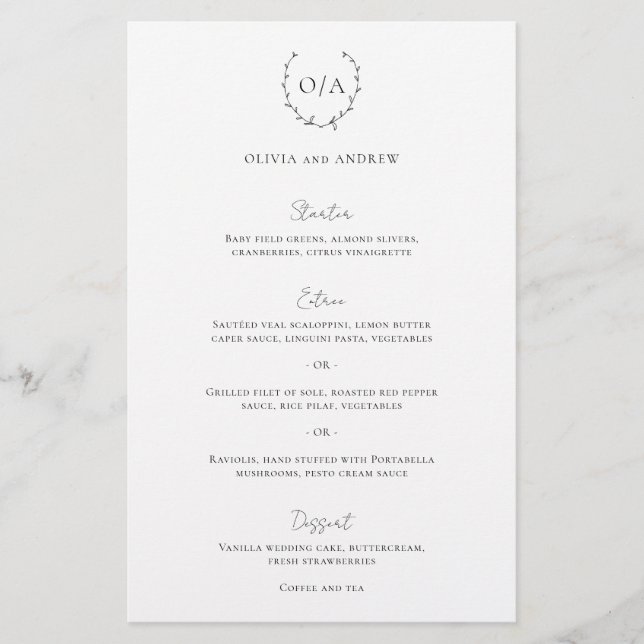 Classic Monogram Wreath Crest Elegant Wedding Menu (Front)