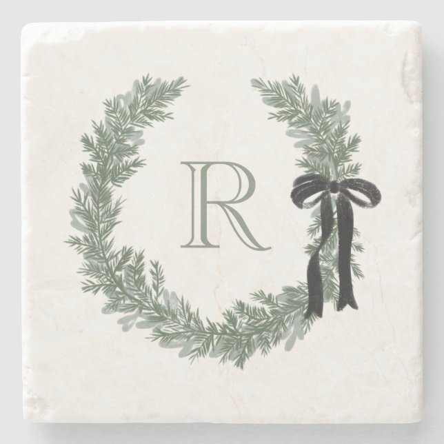 Classic Monogram Wreath Crest with Black Bow Stone Coaster (Front)