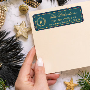Classic Monogram Wreath Green Plaid Christmas Return Address Label
