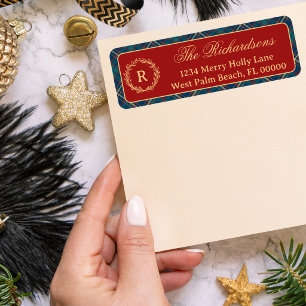 Classic Monogram Wreath Red Plaid Christmas Return Address Label